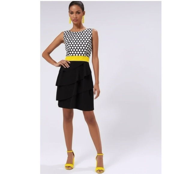 Connected Apparel Sleeveless Color Block Bodycon Dress Black White Yellow Sz 6 - Picture 1 of 7
